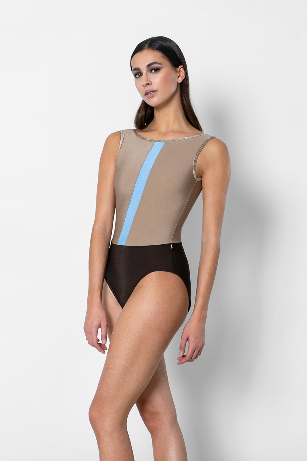Didi leotard in N-Espresso body color with N-Toffee top color, N-Moontide middle band color and V-Toffee trim color