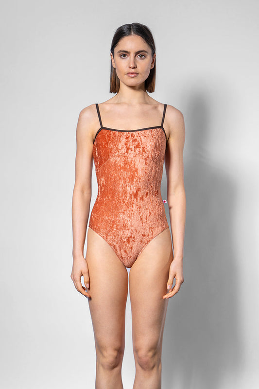 Denise leotard in CV-Amaretto body & top color with N-Espresso trim color