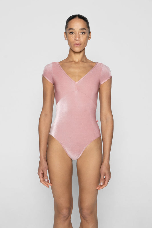 Alicia leotard in V-Dreamy body & top color with N-Antique Rose trim color and V-Dreamy cap sleeves