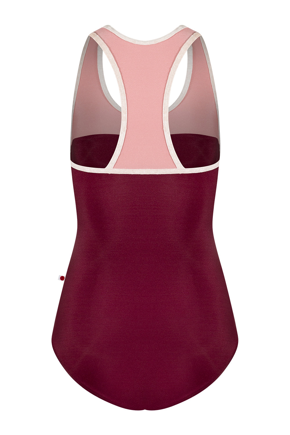 Erica leotard in N-Burgundy body color with N-Antique Rose top color and CV-Misty Rose trim color