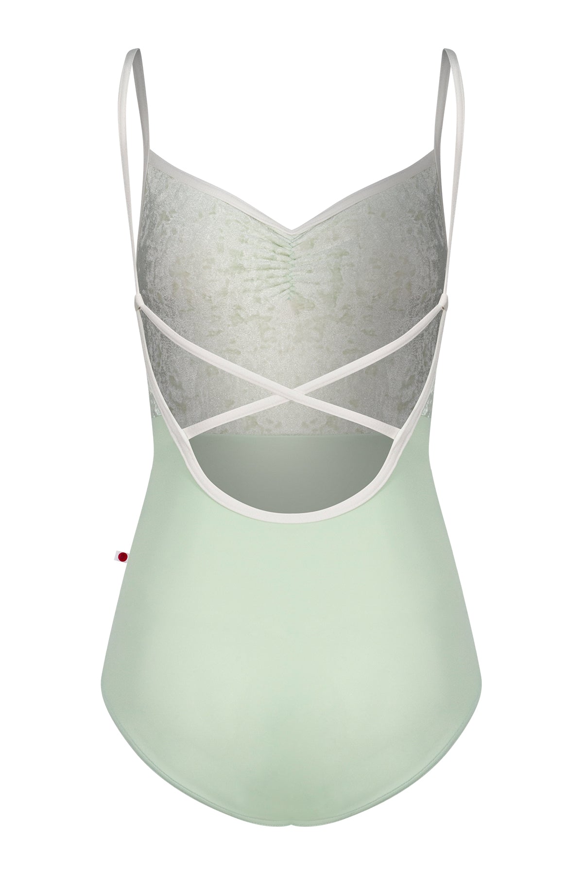 Daniela Duo leotard, pale sage crushed-velvet ruched bodice with cream straps and a pale-green body.