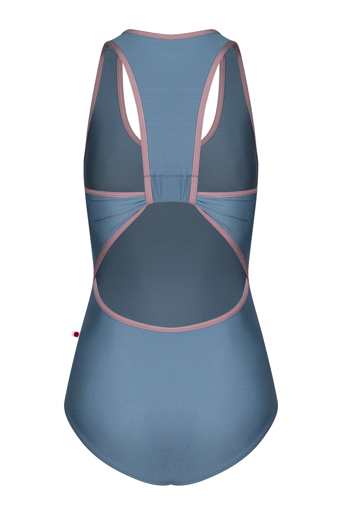AI-generated model. Alex leotard, slate-blue with a scoop neckline and dusty-pink trim, racerback straps.