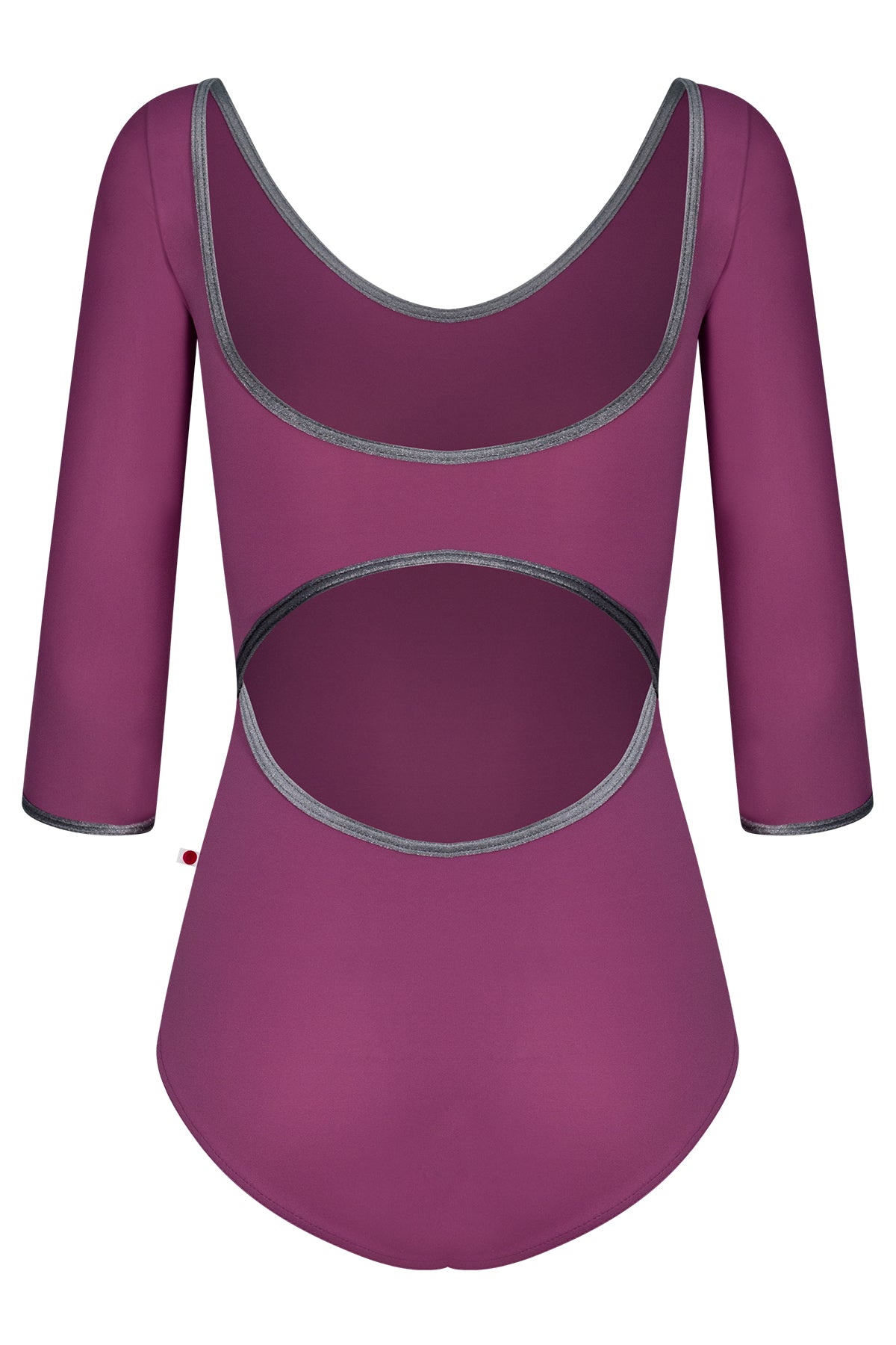 Veronique leotard, magenta-purple with three-quarter sleeves, a scoop neck, and grey trim.