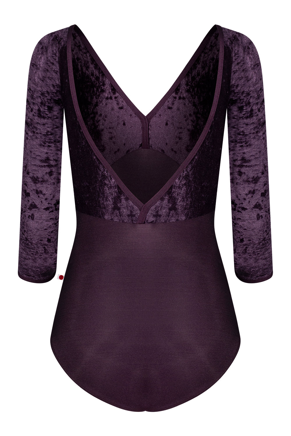 Alicia leotard in N-Eggplant body color with CV-Eggplant top color and N-Eggplant trim color. Features 3Q sleeves