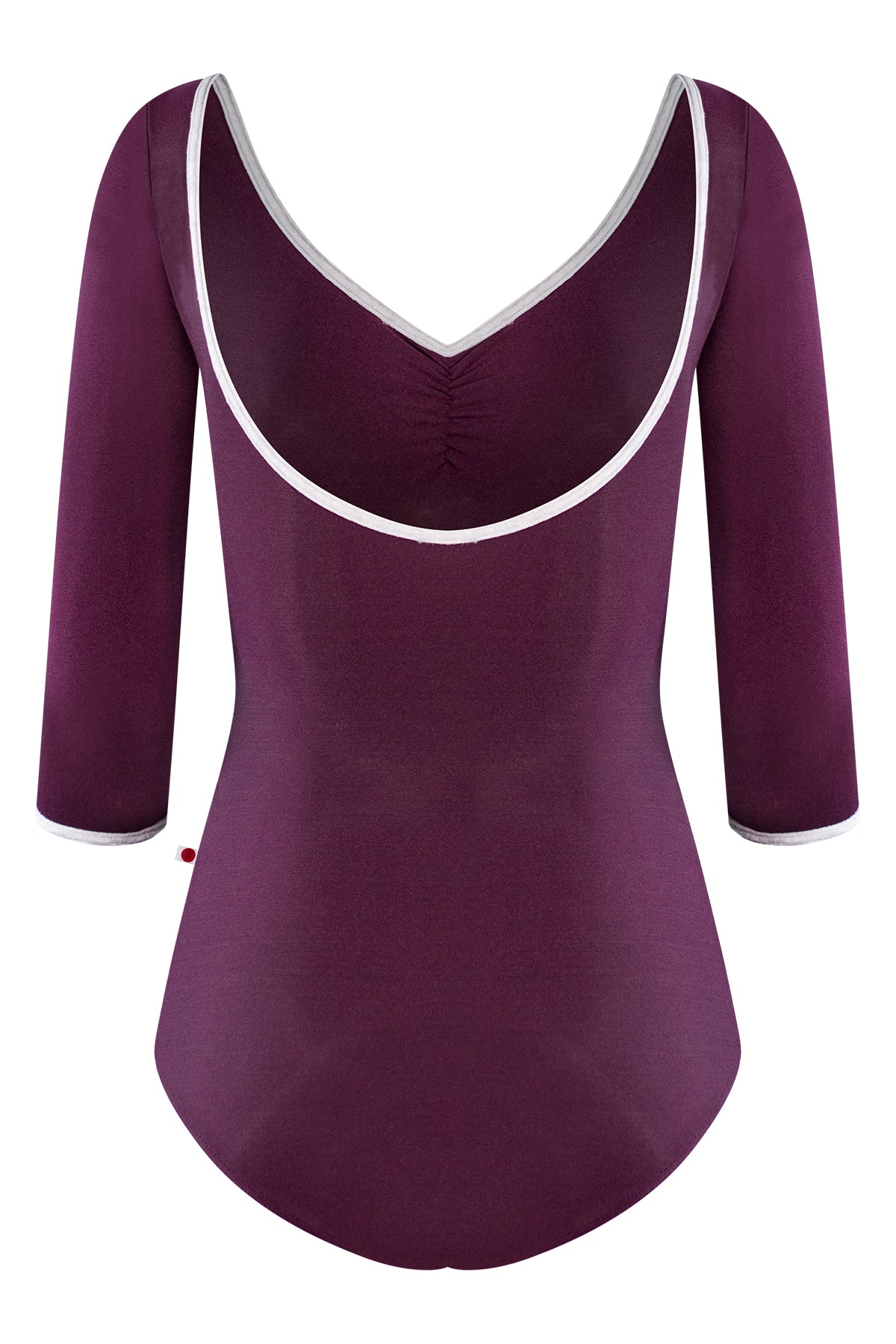 Anna leotard, aubergine-purple with a ruched V-neck, white trim and three-quarter sleeves.