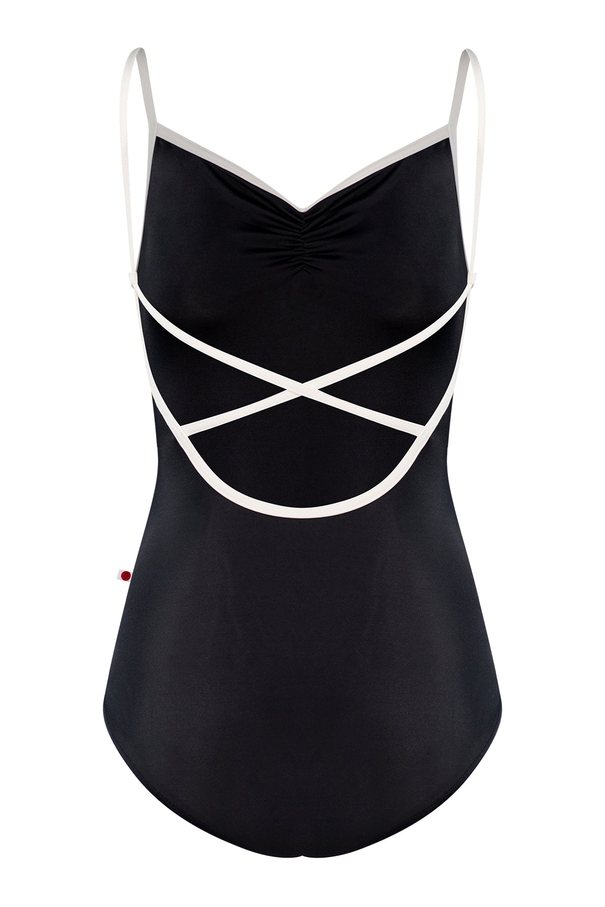 Daniela leotard, black with a ruched V-neck and white trim and straps.