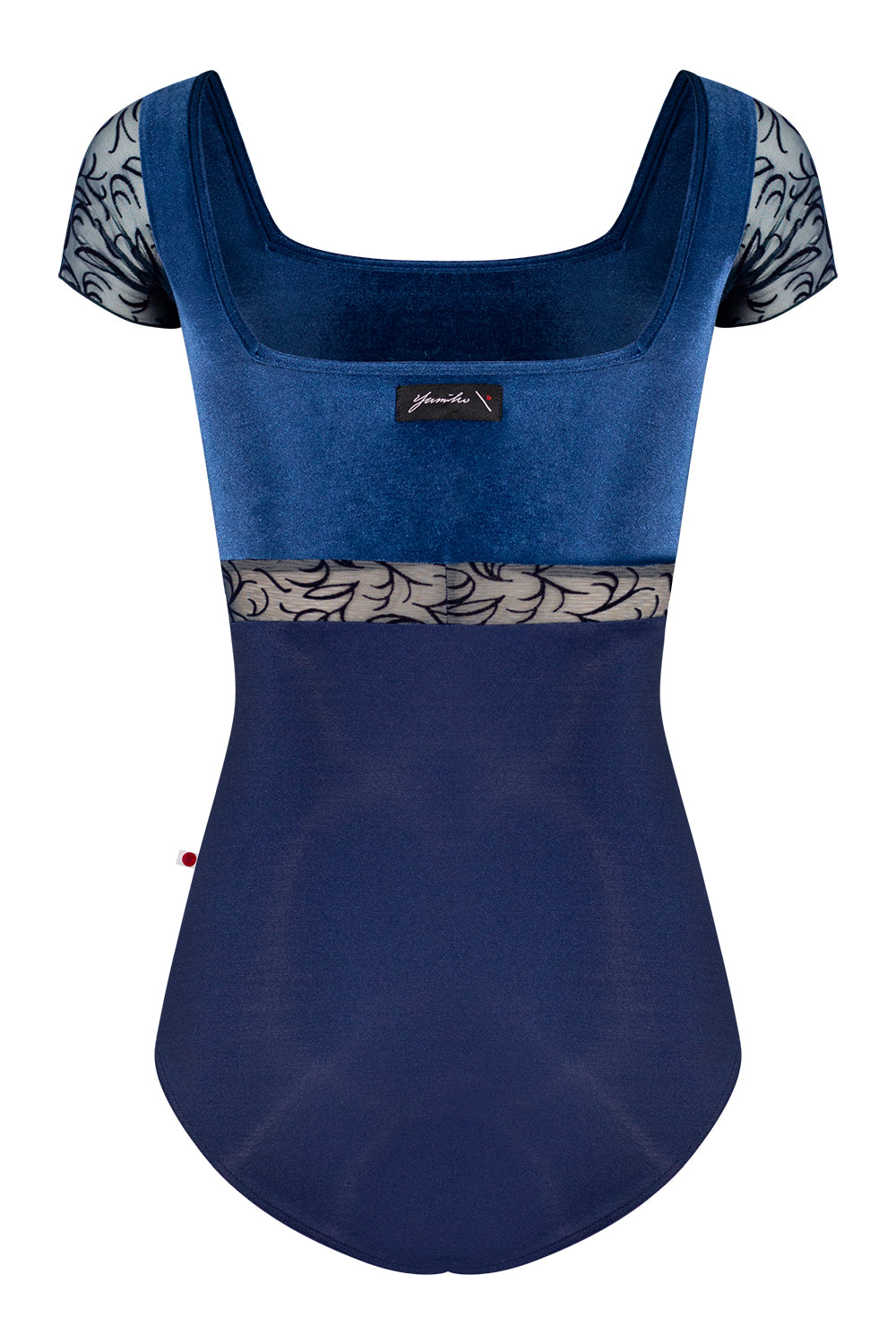 Marieke Variation 1 Black Label leotard in N-Dark Blue body color with V-Pisces top & trim color and Flocked Velvet Mesh middle band and short sleeves