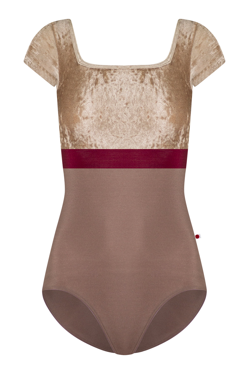 Marieke Variation 1 leotard in N-Star body color with CV-Toffee top & trim color and N-Burgundy middle band color. CV-Toffee short sleeves