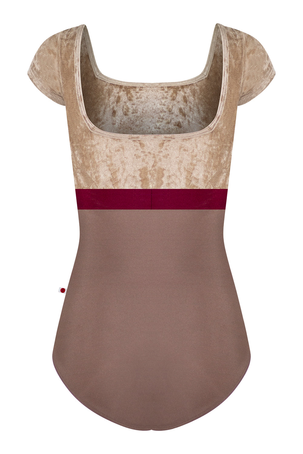 Marieke Variation 1 leotard in N-Star body color with CV-Toffee top & trim color and N-Burgundy middle band color. CV-Toffee short sleeves