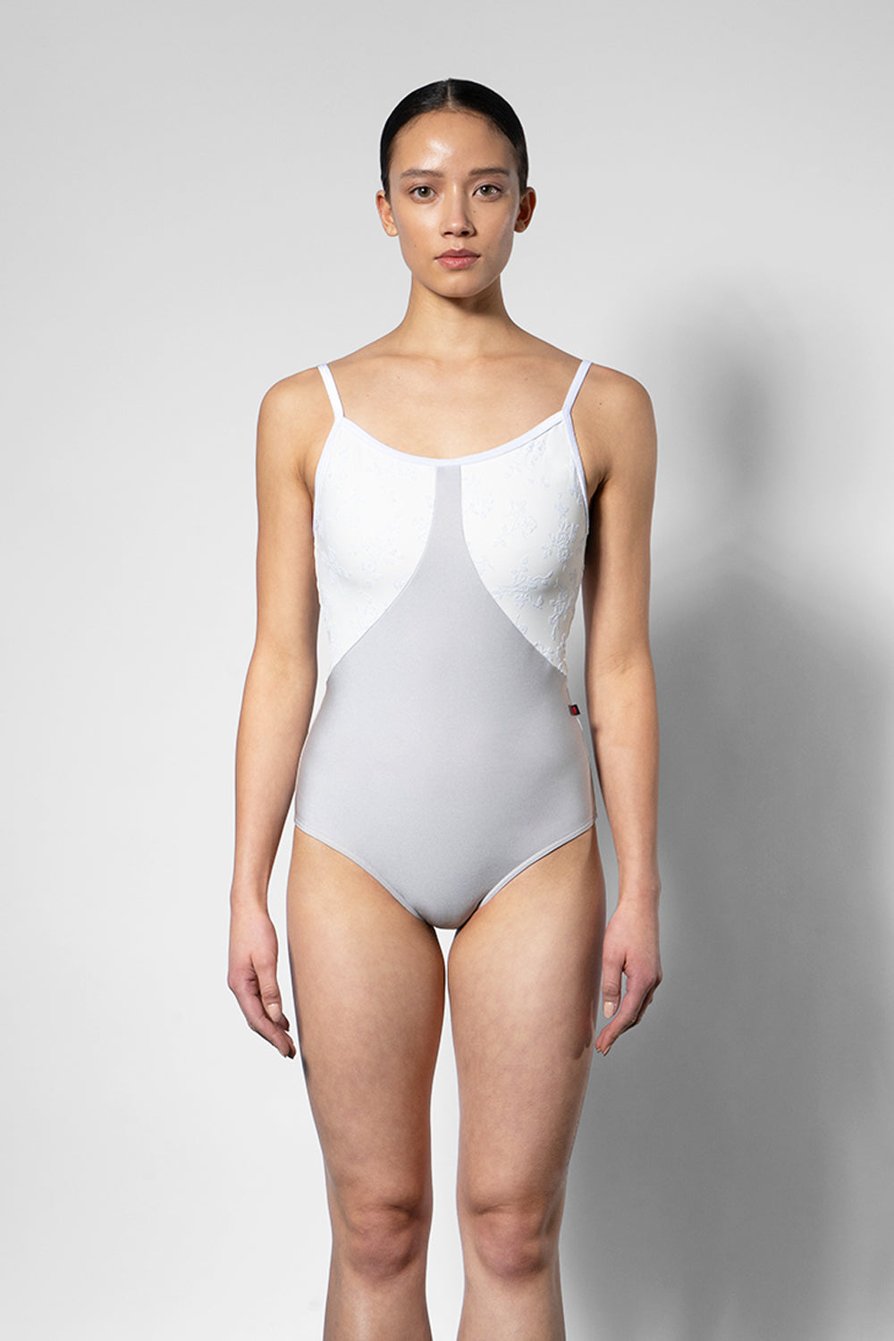 Amanda Black Label leotard in N-Silver body color with Sparkling Ivory top and V-White trim color