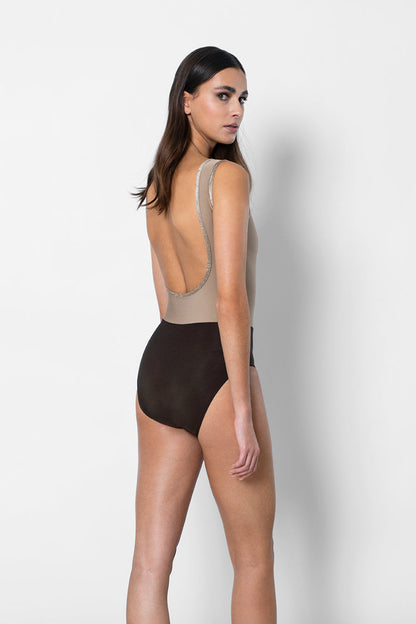 Didi leotard in N-Espresso body color with N-Toffee top color, N-Moontide middle band color and V-Toffee trim color