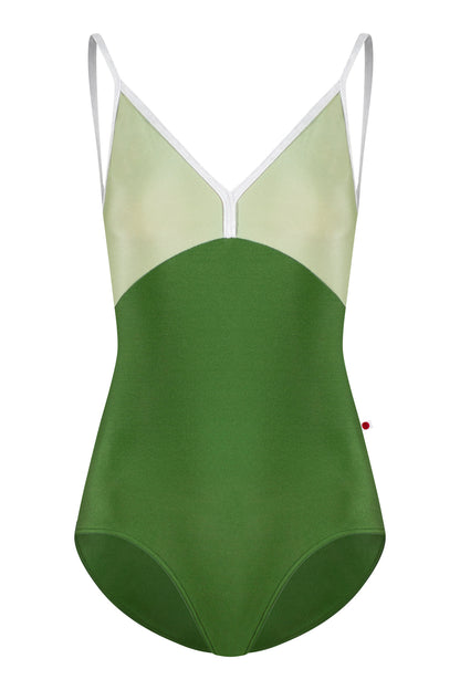 Daria leotard in N-Lucky body color with N-Ginko top color and CV-White trim color