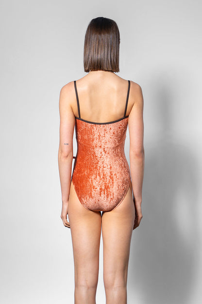 Denise leotard in CV-Amaretto body & top color with N-Espresso trim color