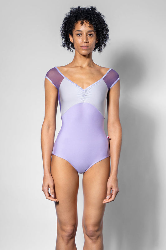 Elli leotard with N-Poem body color, N-Silver top color, Mesh Fortune back & cap sleeve color and CV-Angelic trim color