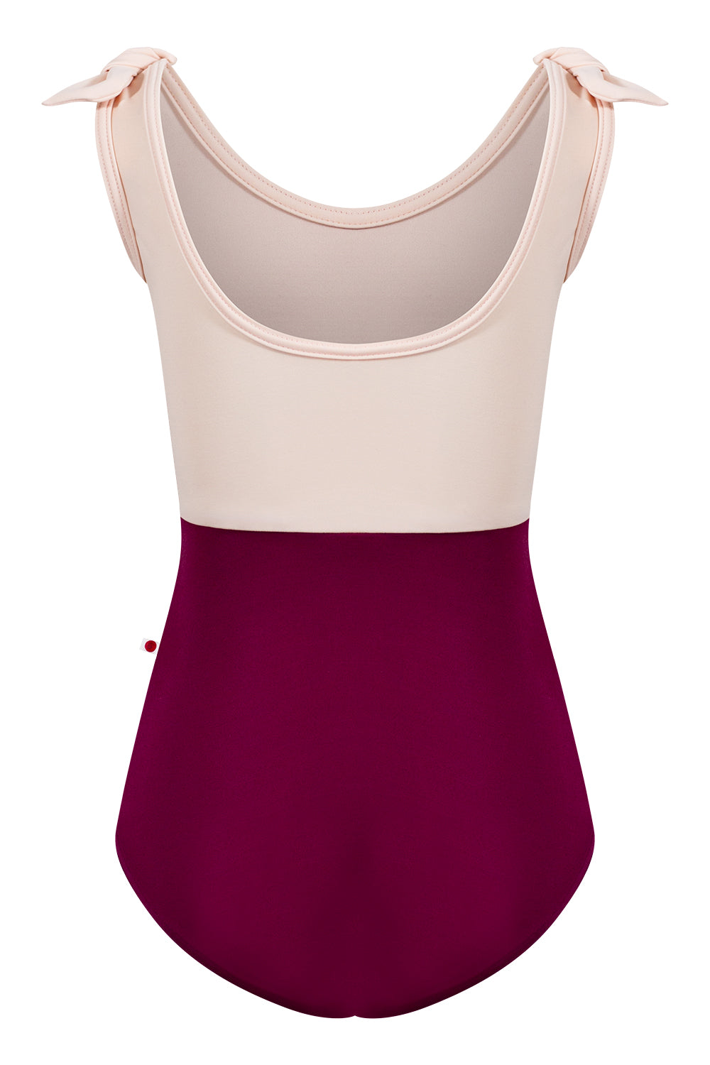 Kids Anna Duo leotard in T-Maroon body color with T-Misty Rose top & trim color and matching shoulder bows