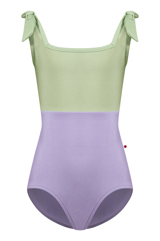 Kids Marieke Duo leotard in N-Poem body color with N-Ginko top & trim color and matching shoulder bows