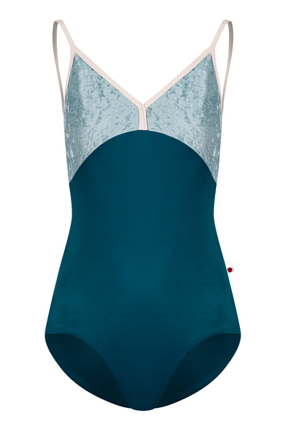 Daria leotard in N-Ottanio body color with CV-Icea top color and T-Misty Rose trim color