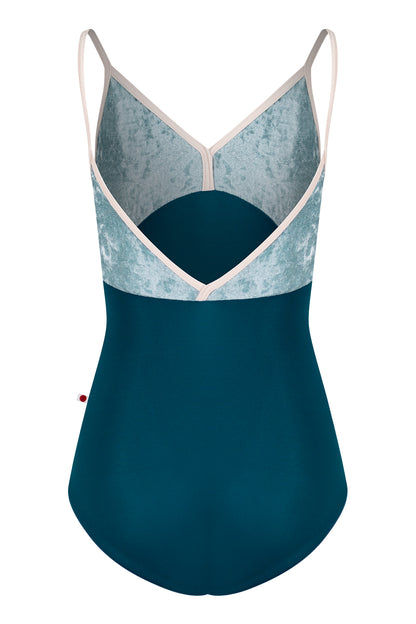 Daria leotard in N-Ottanio body color with CV-Icea top color and T-Misty Rose trim color