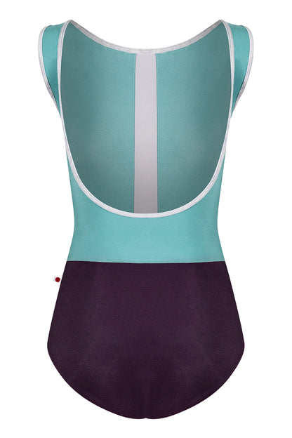 Didi leotard in N-Eggplant body color with N-Cactus top color, N-Silver stripe and CV-Silver trim color