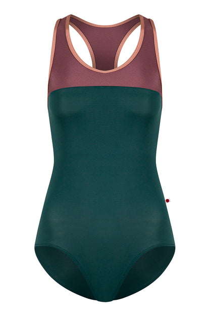 Erica leotard in T-Kale body color with N-Phoenix top color and N-Rosewood trim color