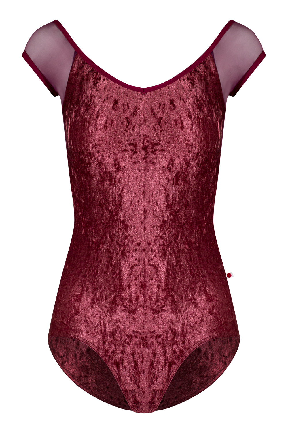 Nina leotard in CV-Garnet body color with Mesh Opera top & cap sleeves color and N-Burgundy trim color