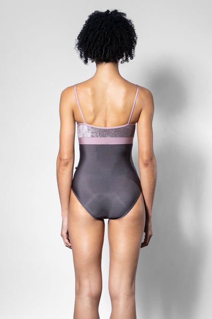 Zoe leotard in N-Shadow body color with CV-Phantom top color, N-Magic middle band & trim color