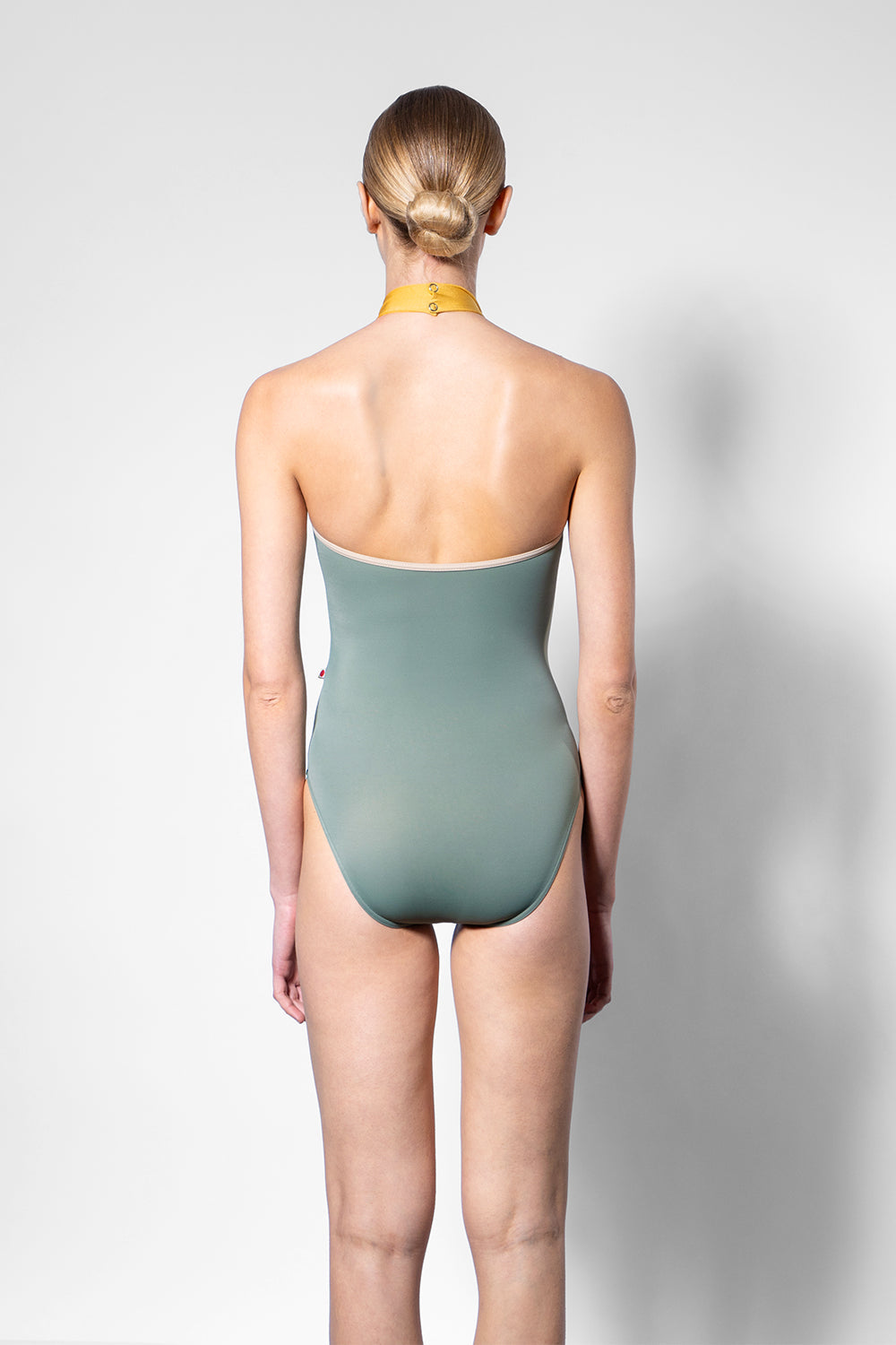 Sarah leotard in N-Sage body color with T-Mosaic trim color and N-Glow collar color
