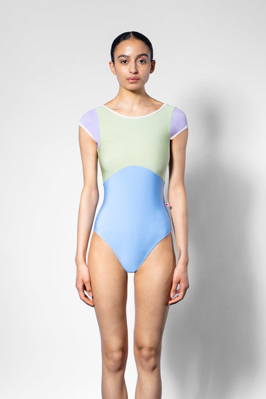 Sofiane Duo leotard in N-Moontide body color with N-Ginko top color, T-Vanilla trim color and N-Poem cap sleeve color