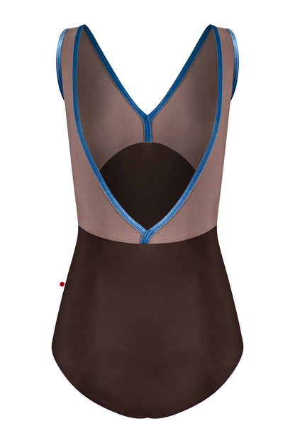 Alicia leotard in N-Espresso body color with N-Star top color and V-Ocean trim color
