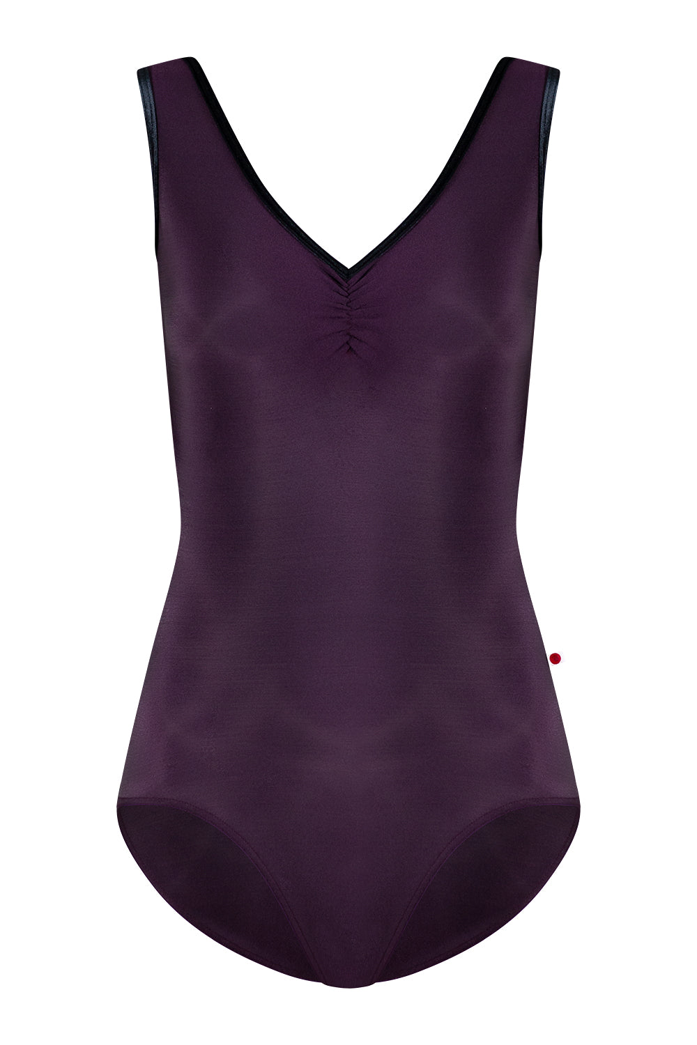 Gina leotard in N-Eggplant body color with CV-Black trim color and pinched front