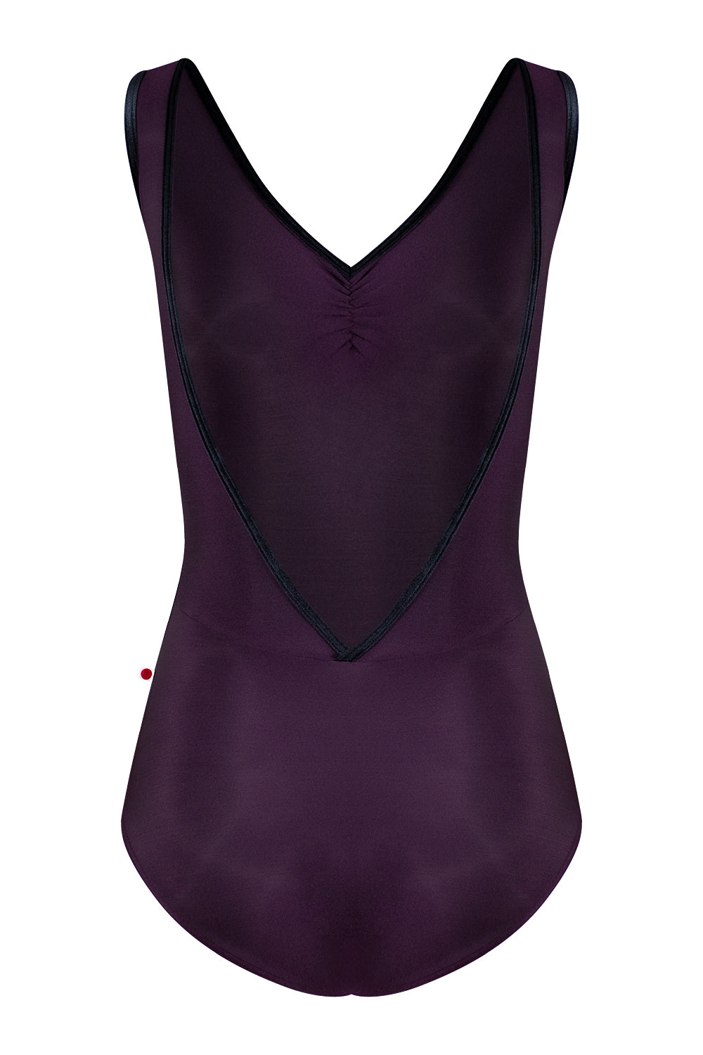 Gina leotard in N-Eggplant body color with CV-Black trim color and pinched front