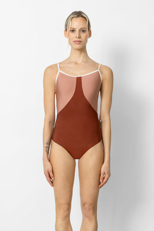 Amanda leotard in N-Bronze body color with N-Rosewood top color and CV-Misty Rose trim color