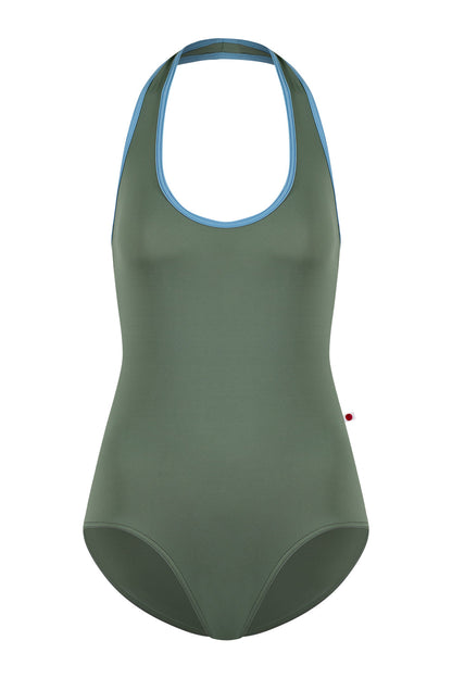 Jaione leotard in T-Sage body color with T-Bluebell trim color