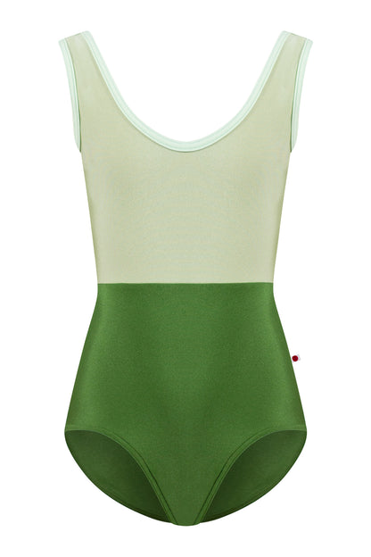Kids Anna Duo leotard in N-Lucky body color with N-Ginko top color and T-Pistachio trim color