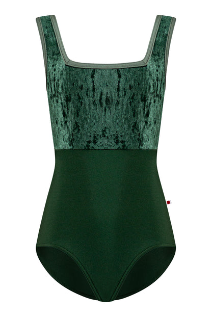 Kids Marieke leotard in N-Huntress body color with CV-Pine top color and N-Sage trim color