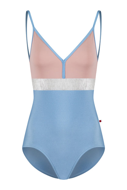 Zoe leotard in N-Moontide body & trim color with T-Petal top color and CV-Silver middle band color