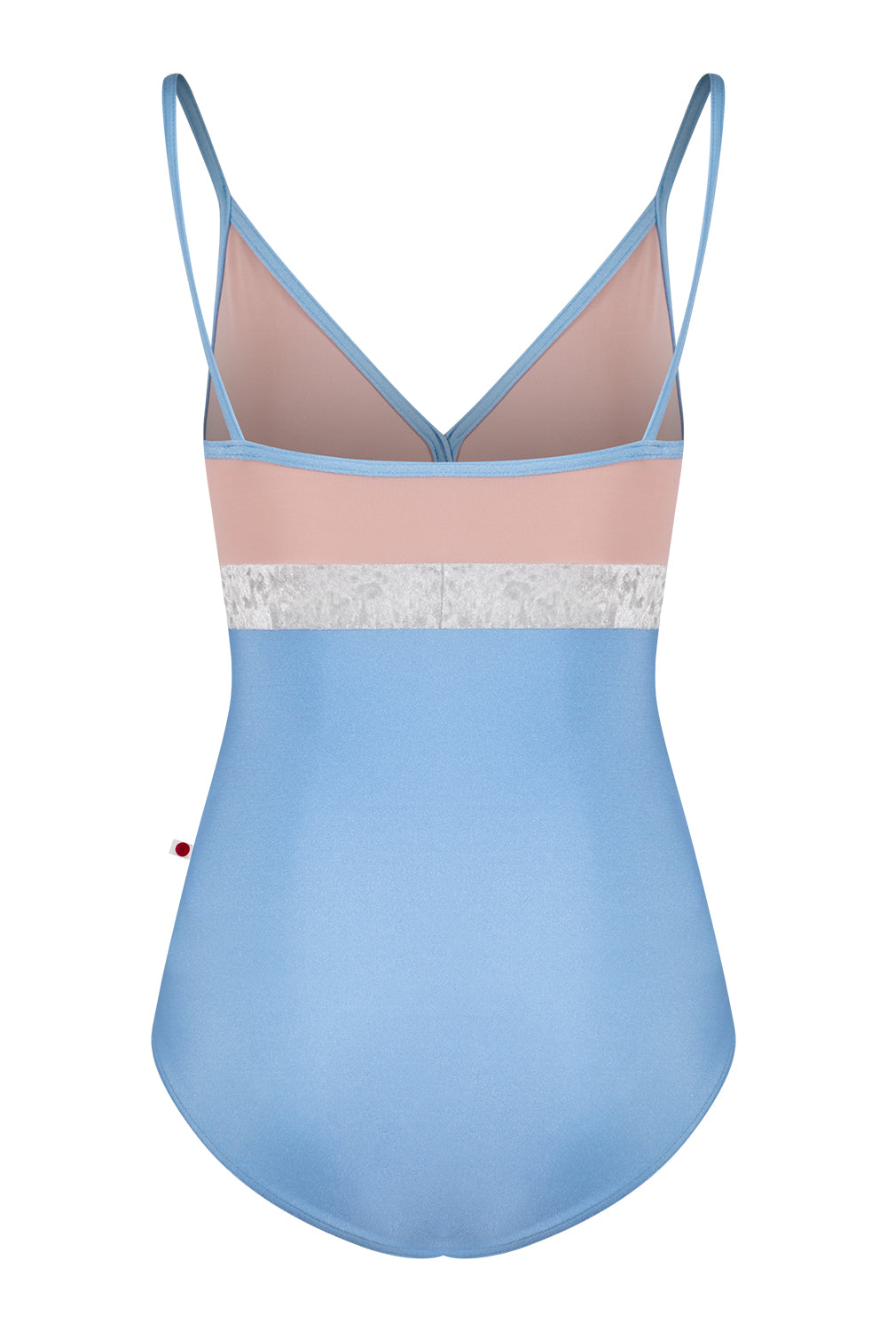 Zoe leotard in N-Moontide body & trim color with T-Petal top color and CV-Silver middle band color