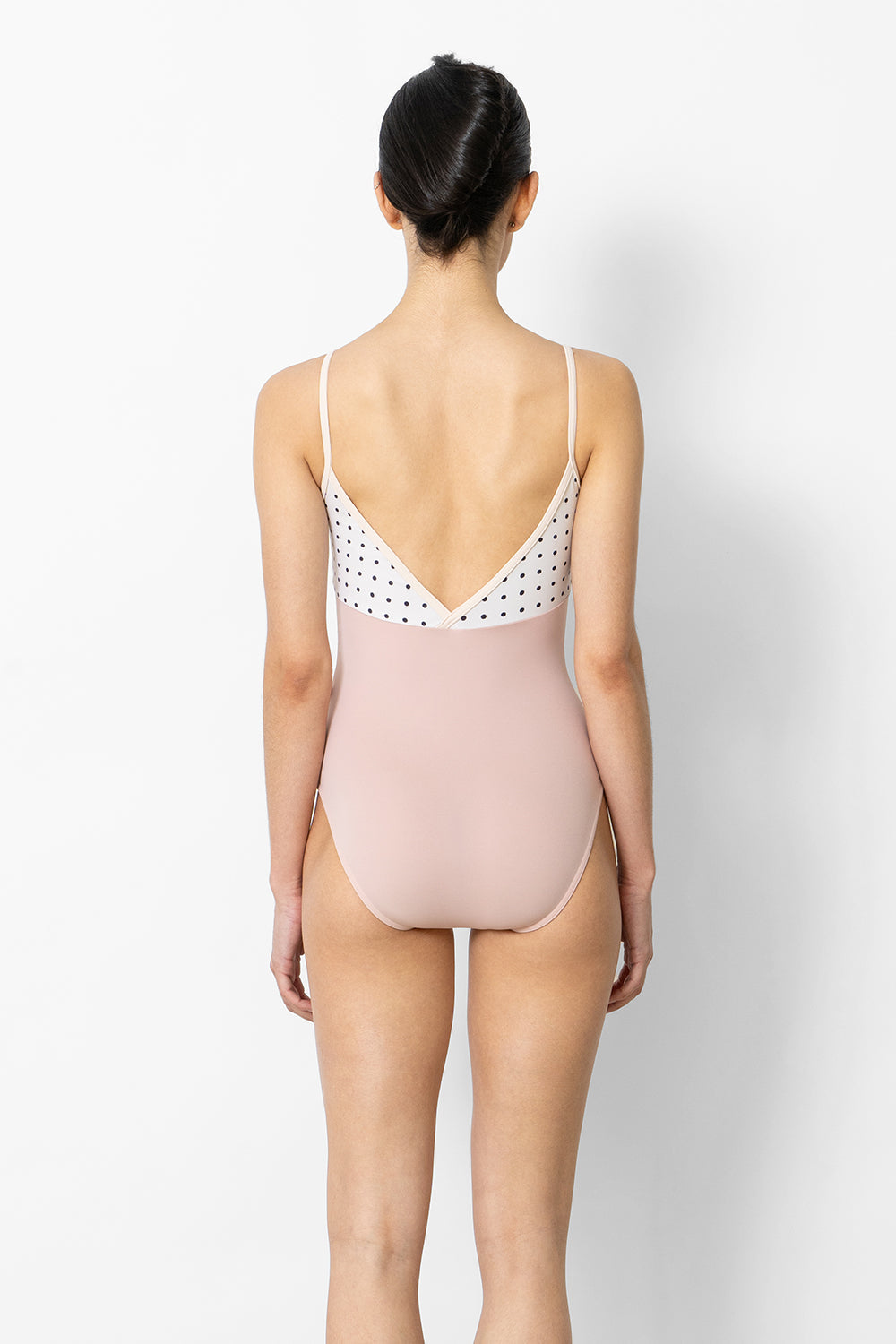 Daria leotard in T-Petal body color with T-Polk Dot top color and T-Misty Rose trim color