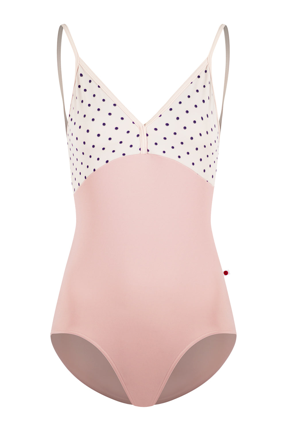 Daria leotard in T-Petal body color with T-Polk Dot top color and T-Misty Rose trim color