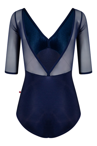 Alicia leotard in N-Dark Blue body color with V-Dark Blue & Mesh Dark Blue top color, N-Dark Blue trim color and half sleeves