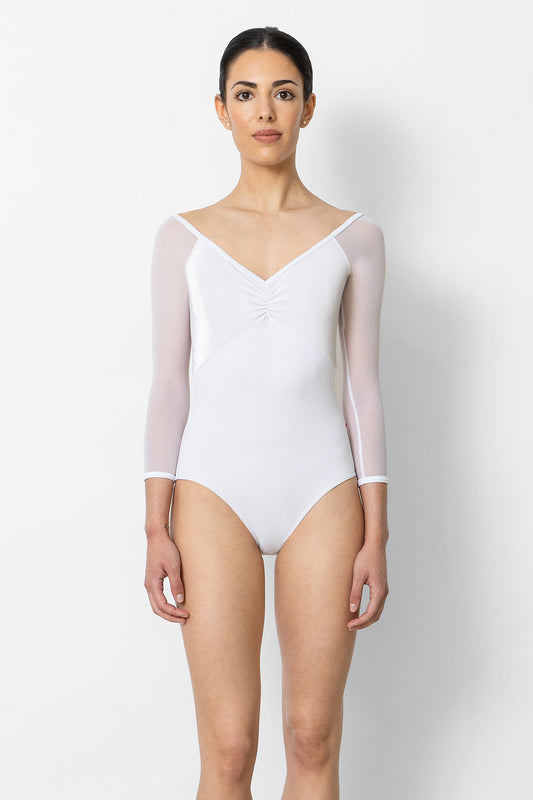 Elli leotard in N-White body color with V-White & Mesh White top color, N-White trim color and 3Q Sleeves