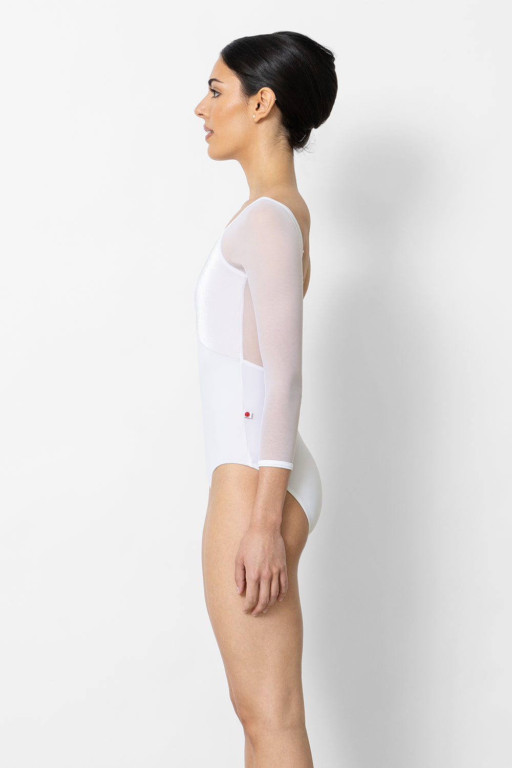 Elli leotard in N-White body color with V-White & Mesh White top color, N-White trim color and 3Q Sleeves