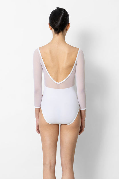 Elli leotard in N-White body color with V-White & Mesh White top color, N-White trim color and 3Q Sleeves