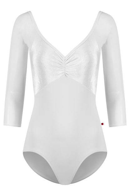 Elli leotard in N-White body color with V-White & Mesh White top color, N-White trim color and 3Q Sleeves