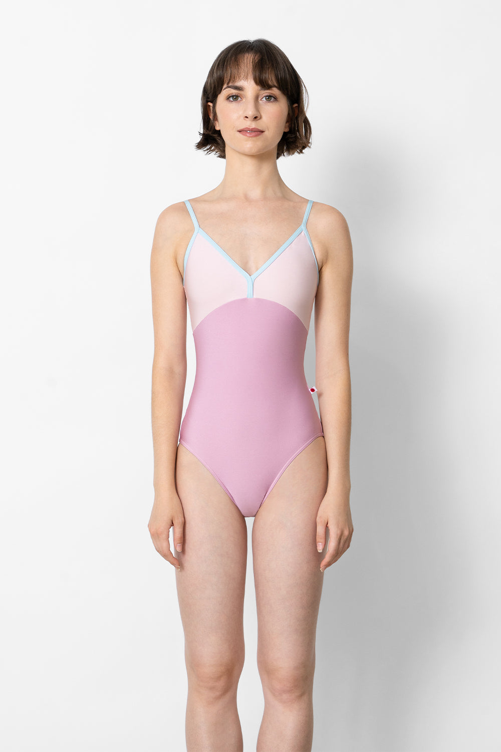 Daria leotard in N-Confetti body color with N-Rose top color and N-Mirror trim color