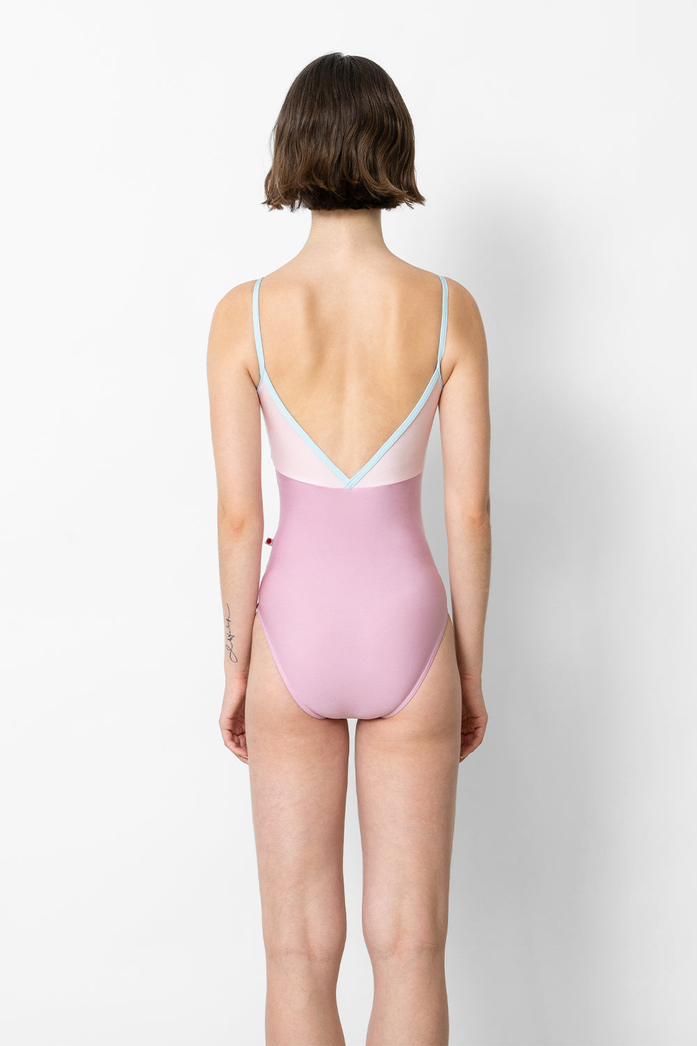 Daria leotard in N-Confetti body color with N-Rose top color and N-Mirror trim color