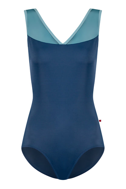 Masha leotard in T-Storm body color with Mesh Lagoon top color and T-Fog trim color