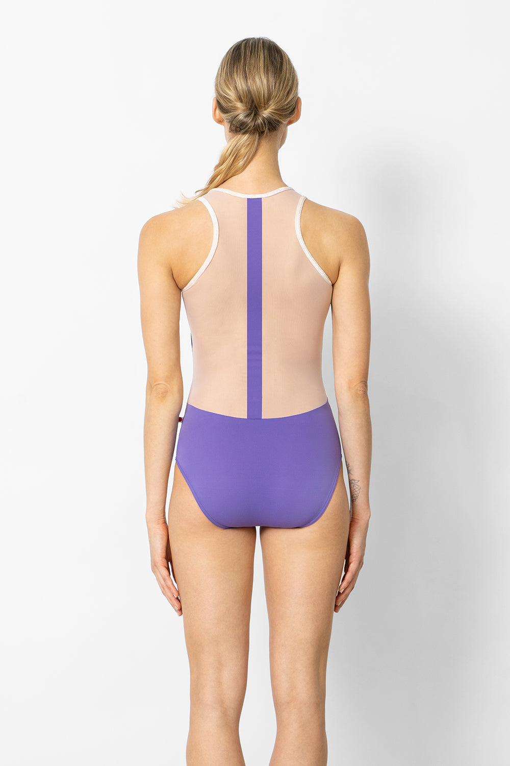 Sasha leotard in T-Wisteria body color with Mesh Blush top color and CV-Misty Rose trim color