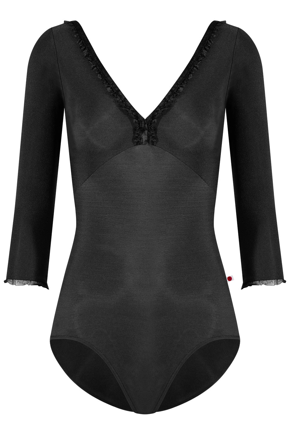 Alicia leotard in N-Black body & top color with CV-Black trim color, 3Q sleeves and Black Ruffle