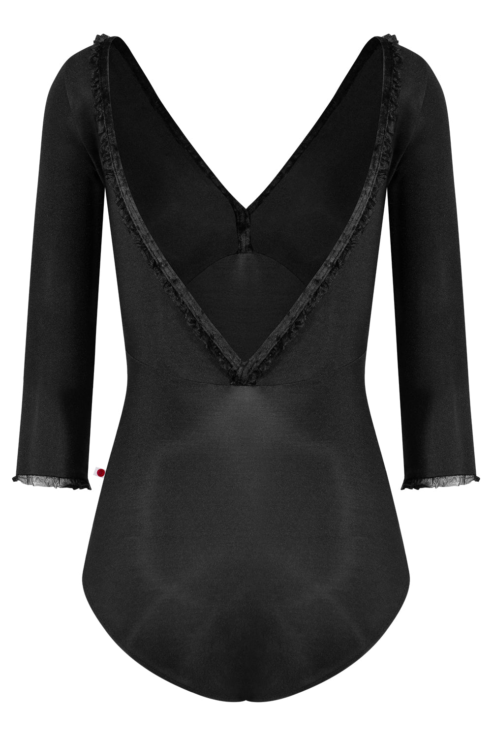 Alicia leotard in N-Black body & top color with CV-Black trim color, 3Q sleeves and Black Ruffle